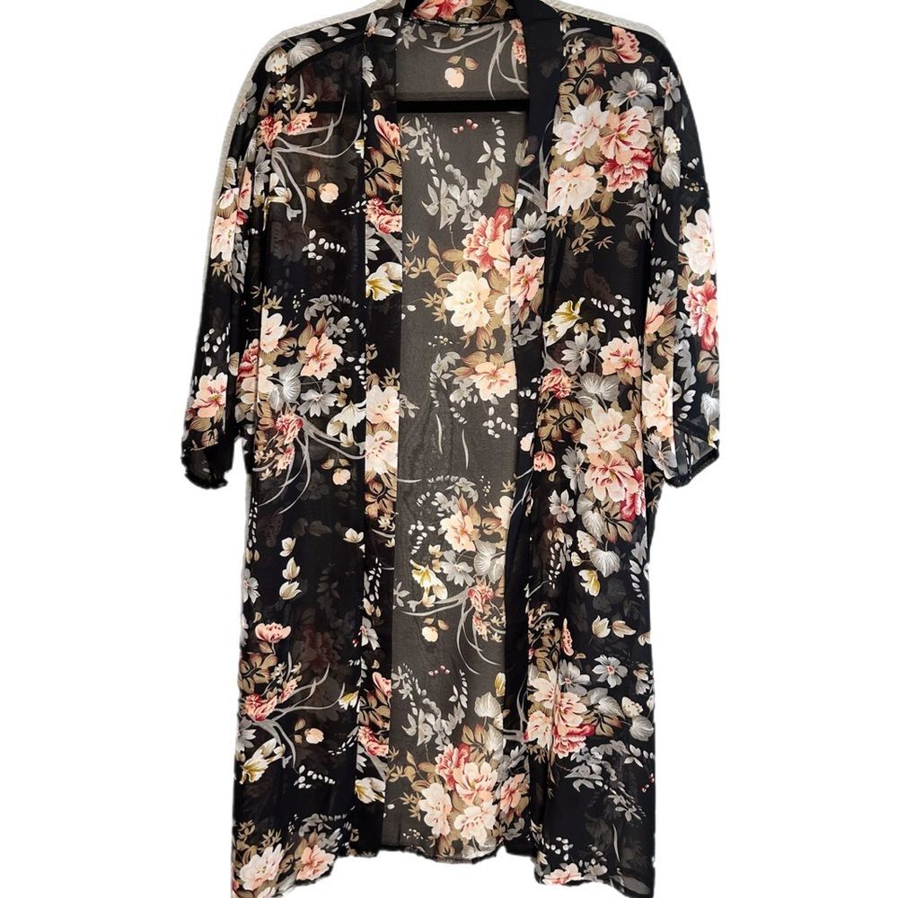 Women’s 2XL Black Pink & Grey Floral Kimono Beach Cover Up